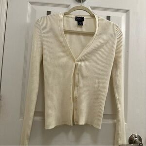 New York & Company Ivory Ribbed V-Neck Button Cardigan